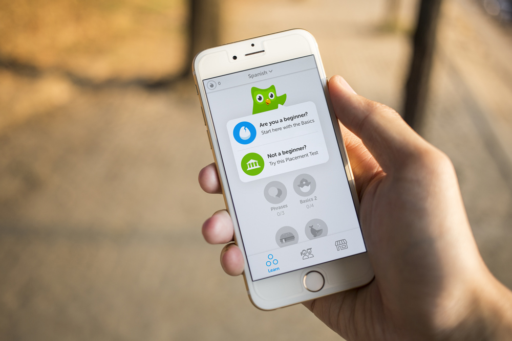 phone with Duo Lingo app on the screen