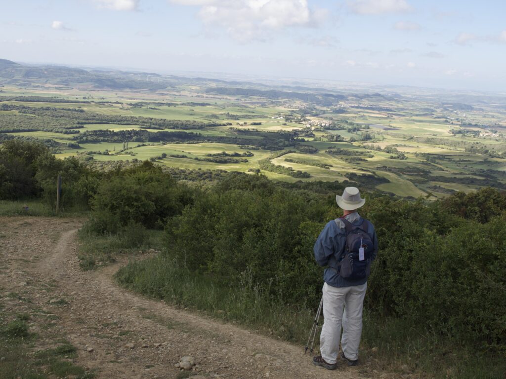 Wick standing on the Alto de Perdón looking over green fields on the Camino