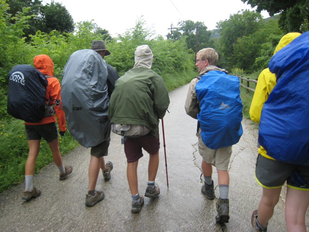 Hunter's five friends on the Camino with backpacks