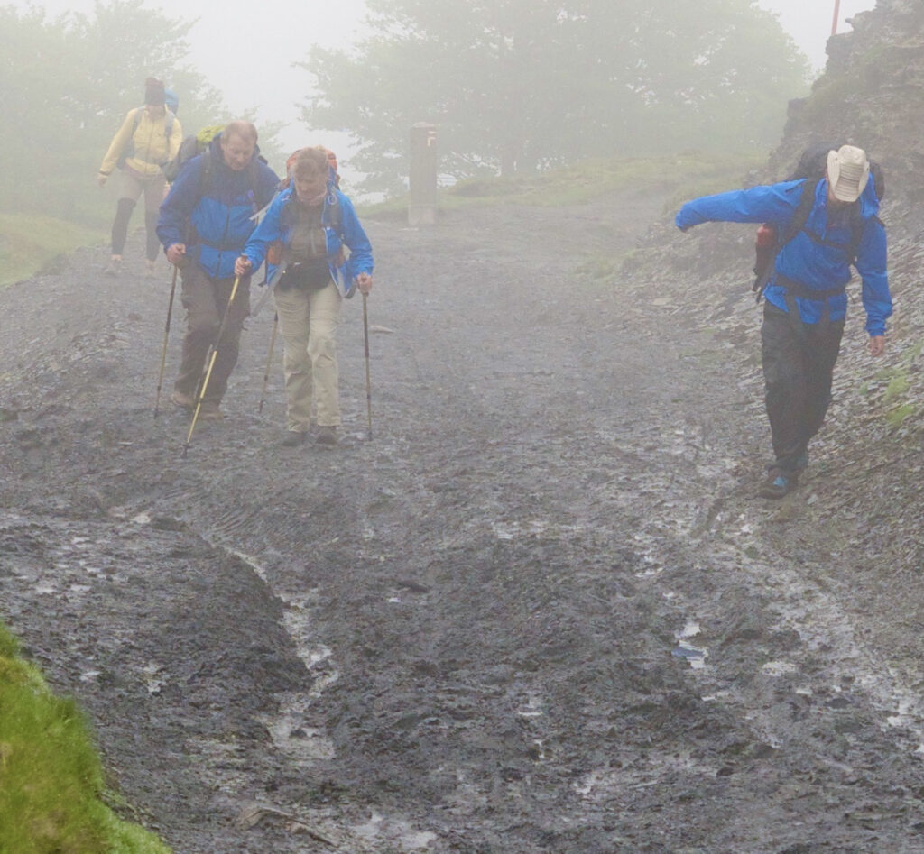 four people in hiking clothes walking on a muddy stretch of the Camino in the Pyrenees