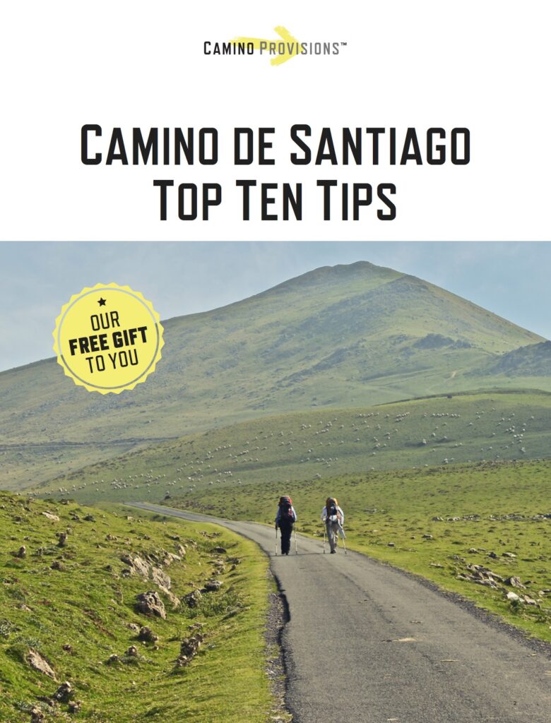 Top Ten Tips Cover with two people walking on the Camino through the Pyrenees mountains