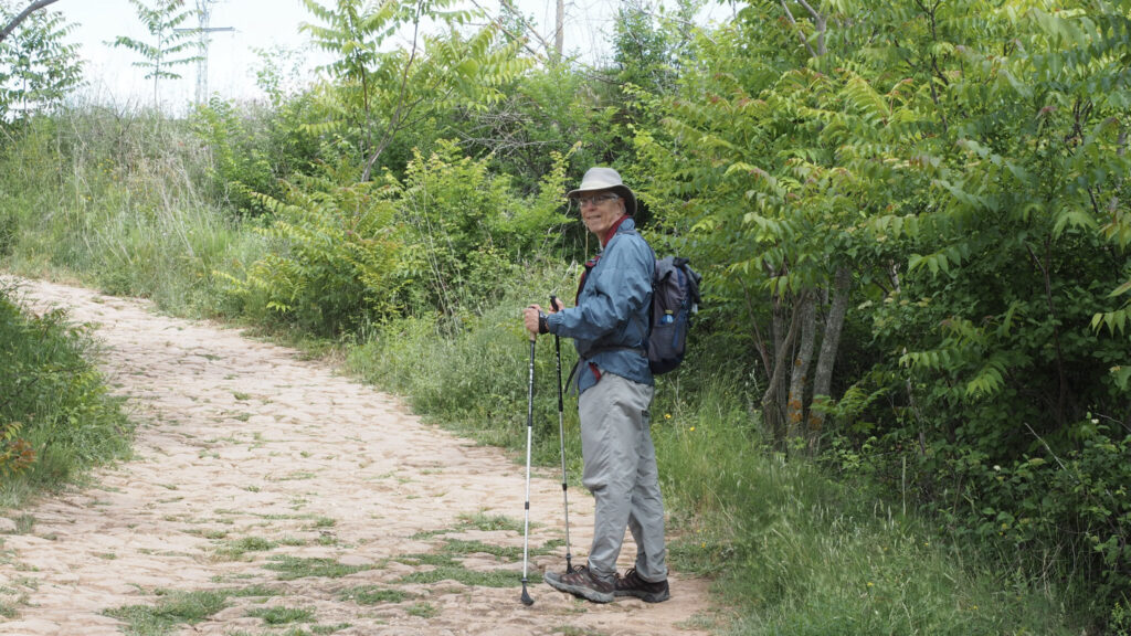 Wick on the Camino with walking poles and daypack