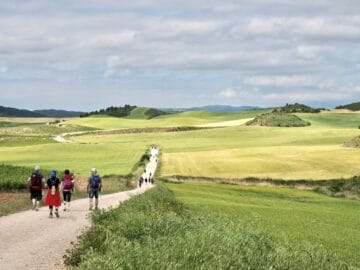 green fields on the Meseta on the Camino FRancés with people walking on a path through the fields