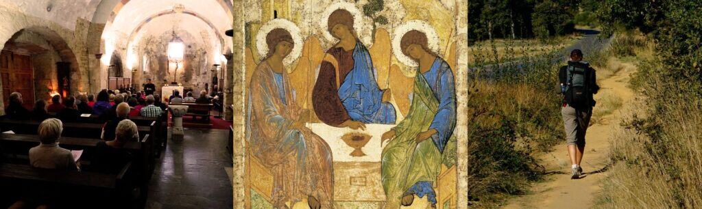 triptych of photos showing the chapel worship, an icon, and a pilgrim walking a trail