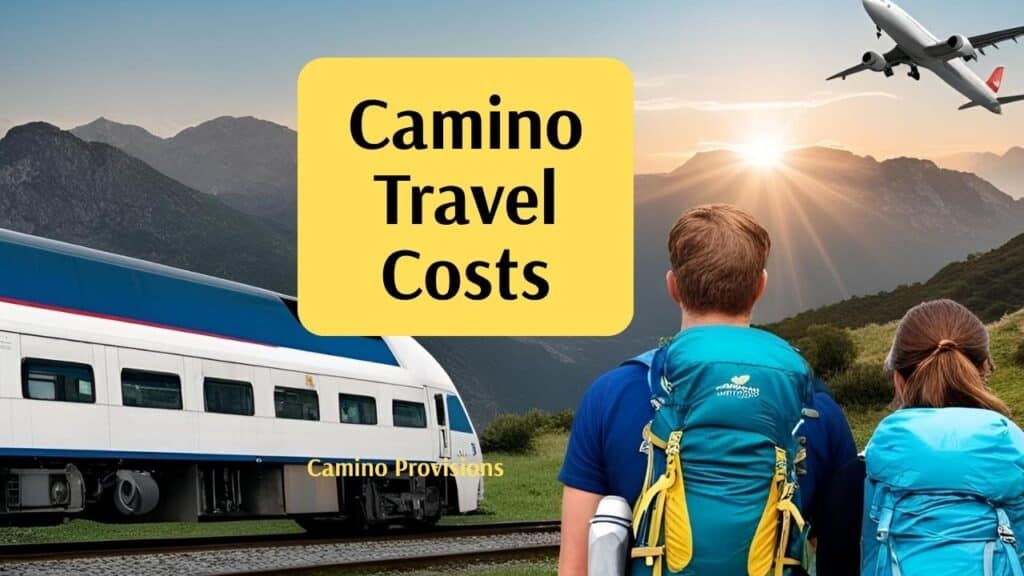 Camino de Santiago Costs poster with a couple on the Camino and a train