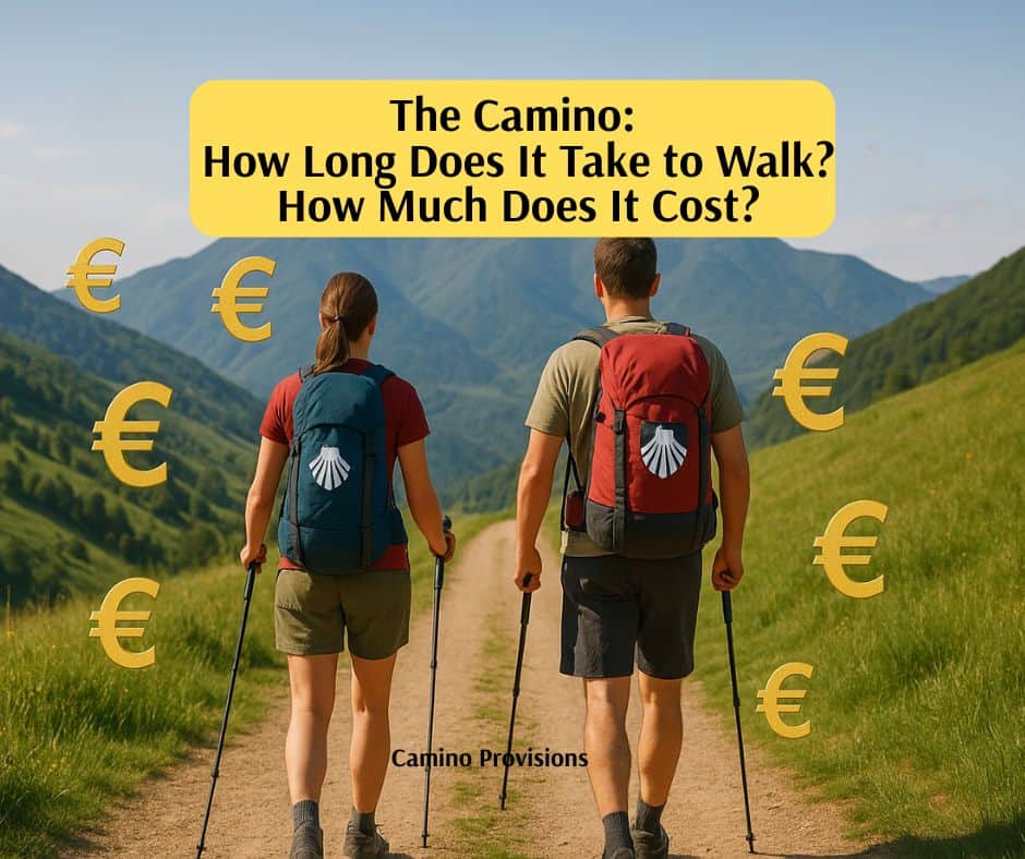Camino de Santiago Costs image with couple walking with backpacks and euro symbols all around them as they walk